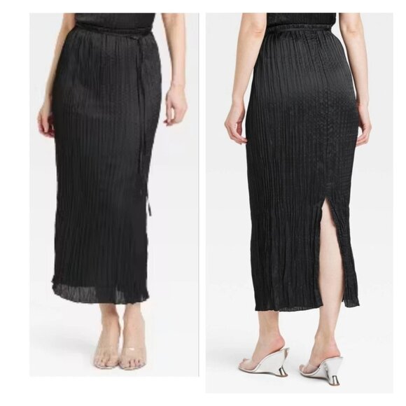 Women's Textured Crinkle Satin Midi Skirt - A New Day™ Black XS - Picture 1 of 6